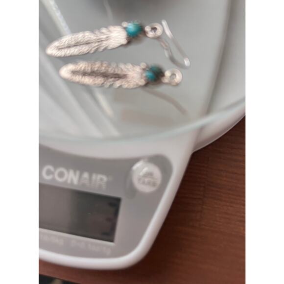 Sterling Silver Feather Earrings with Turquoise Dangles Native Style 925 - Picture 7 of 7